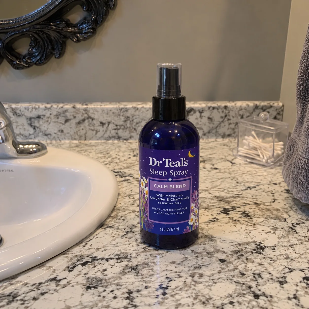 Dr Teal’s Sleep Spray with melatonin on my bathroom counter