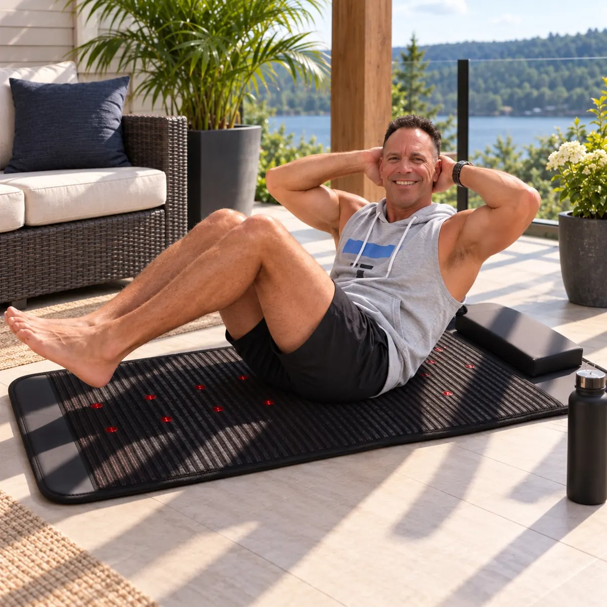 Tim Lekach relaxing on a full-body PEMF mat during an Airbnb stay