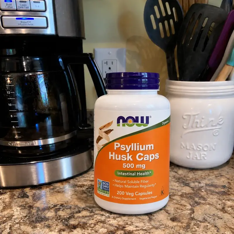 NOW Psyllium Husk Caps photographed on the Vitamin Hippo kitchen counter