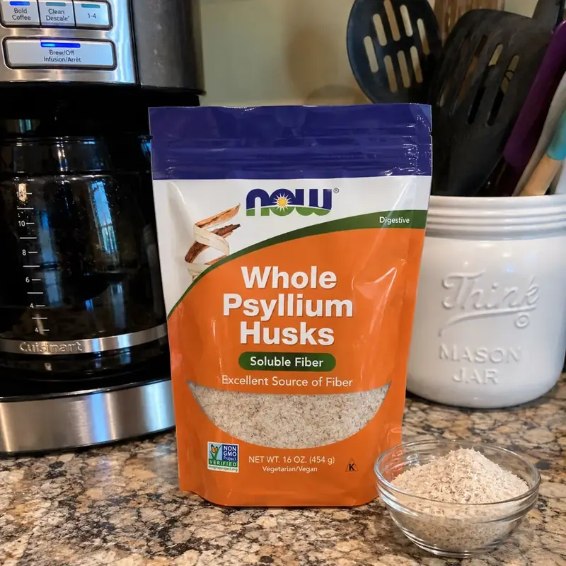NOW Whole Psyllium Husks photographed on the Vitamin Hippo kitchen counter